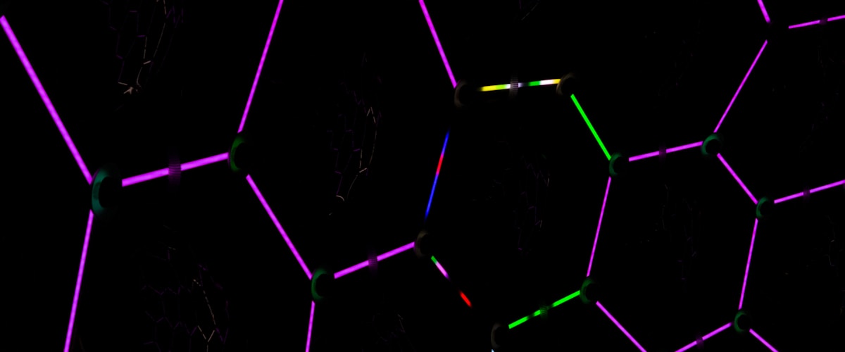 Abstract geometric pattern with glowing purple and green lines